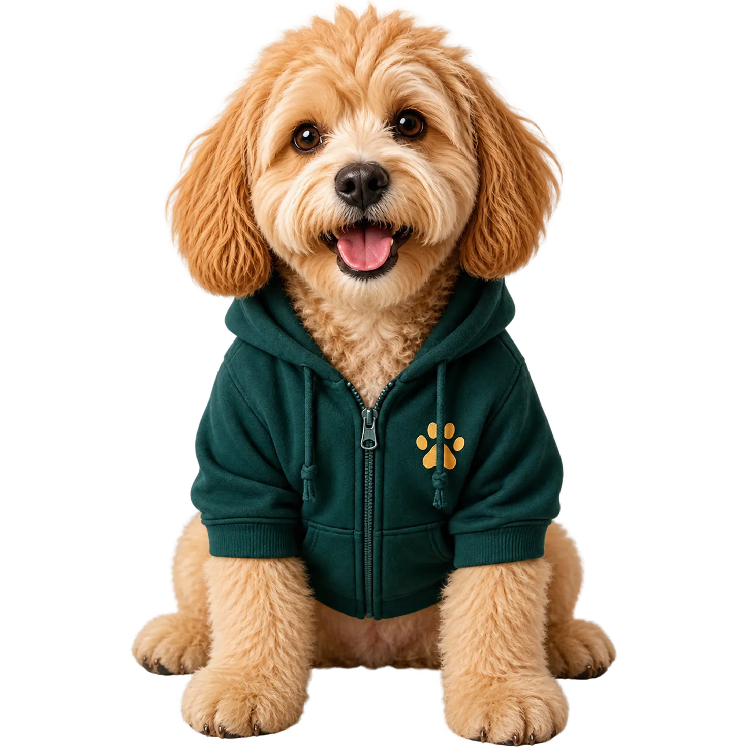 Max — dog in a dark green zip hoodie with a paw-print pull