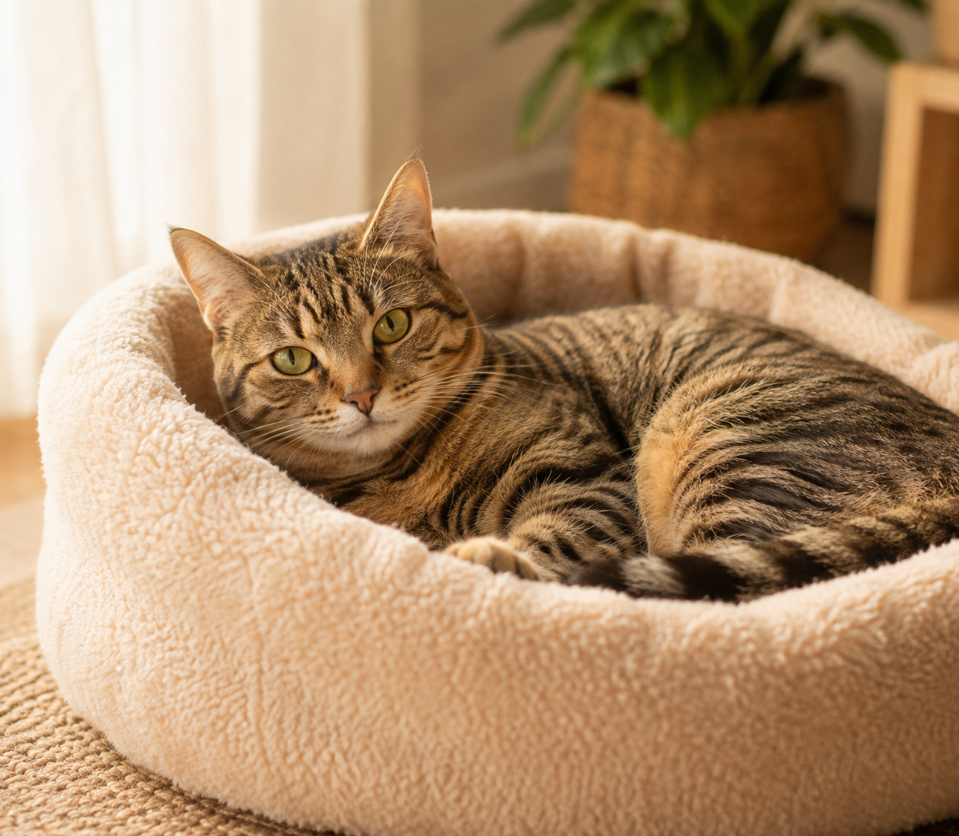 getigerte Katze zusammengerollt in einem weichen Rundbett