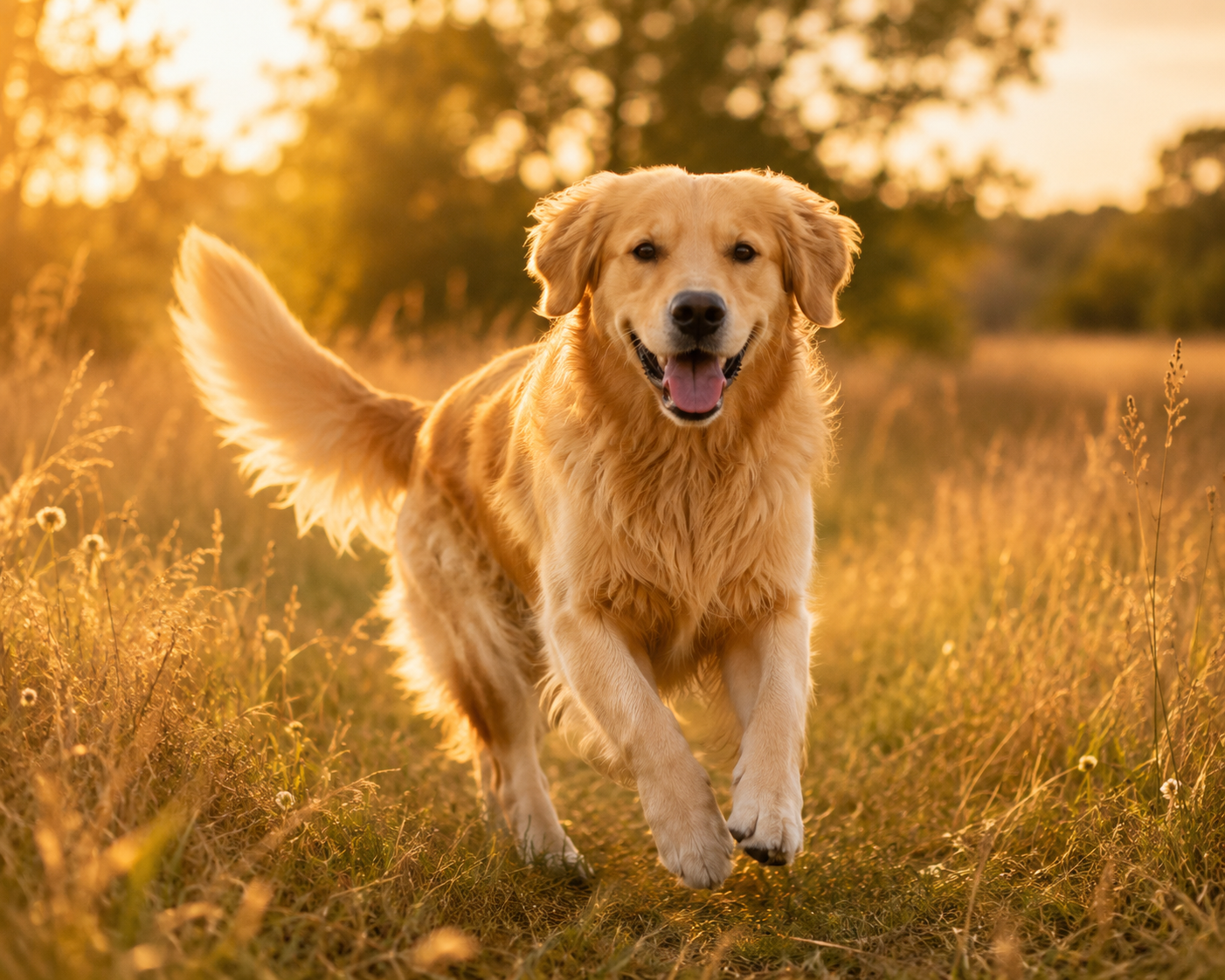 Golden Retriever rennt durchs Gras, goldene Stunde