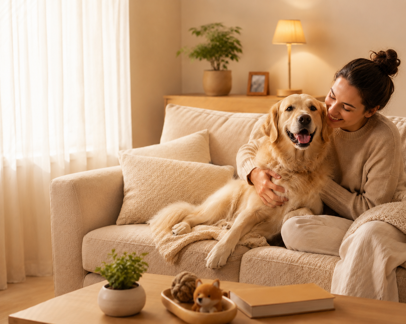 Hero — Frau umarmt ihren Hund auf dem Sofa, warmes Licht